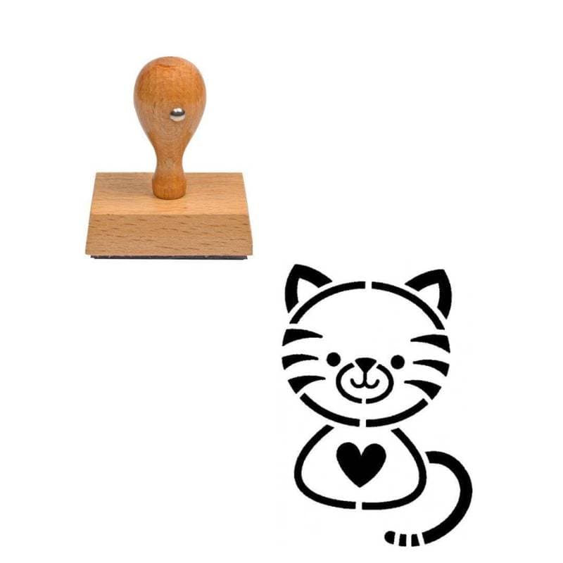 Tampon animaux Chat cœur en bois