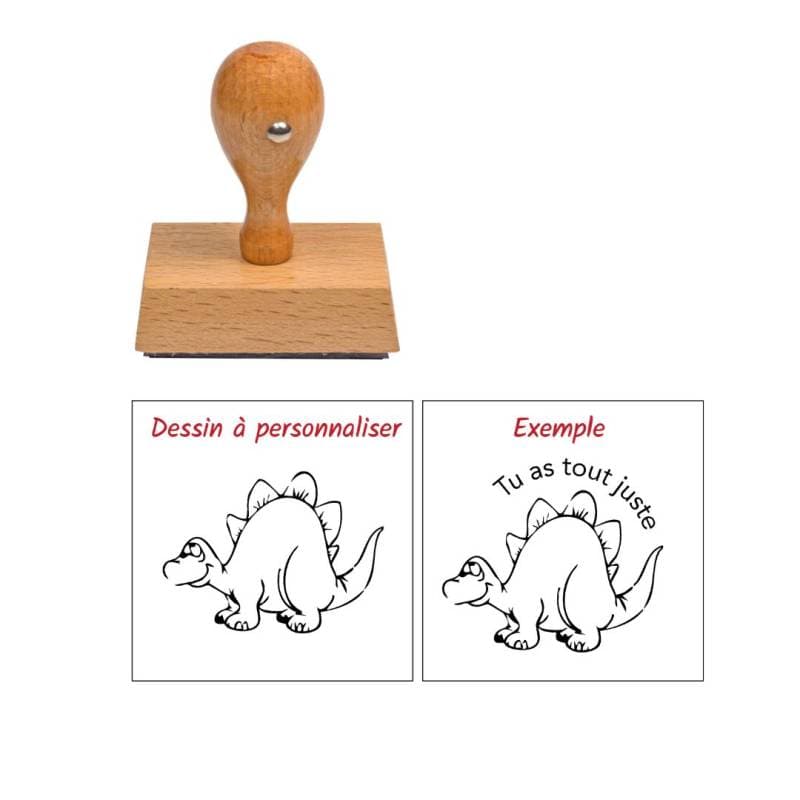 Tampon enseignant bon travail dinosaure en bois à personnaliser n°82 Estampille Directe