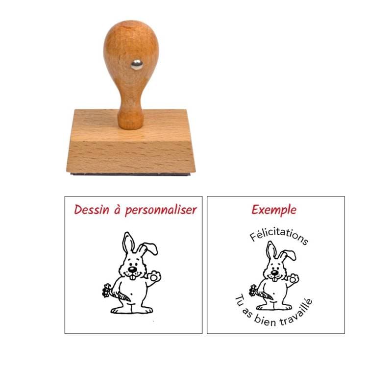 Tampon enseignant bon travail lapin carotte en bois à personnaliser n°87 Estampille Directe